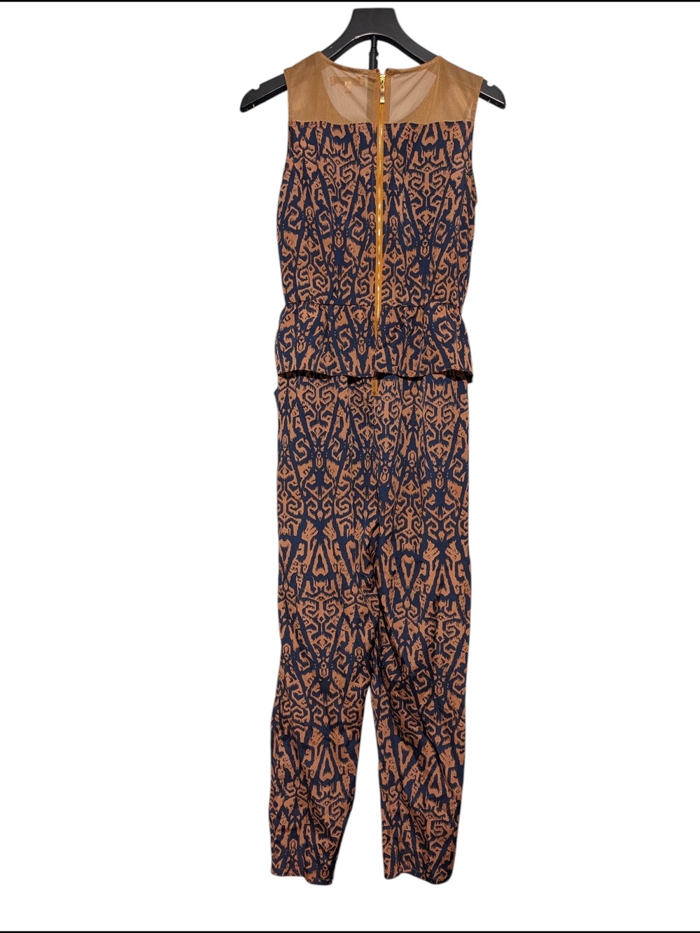 Katia Navy & Tan Abstract Print Jumpsuit Mesh Yoke Peter Pan Collar Size S - Picture 6 of 8
